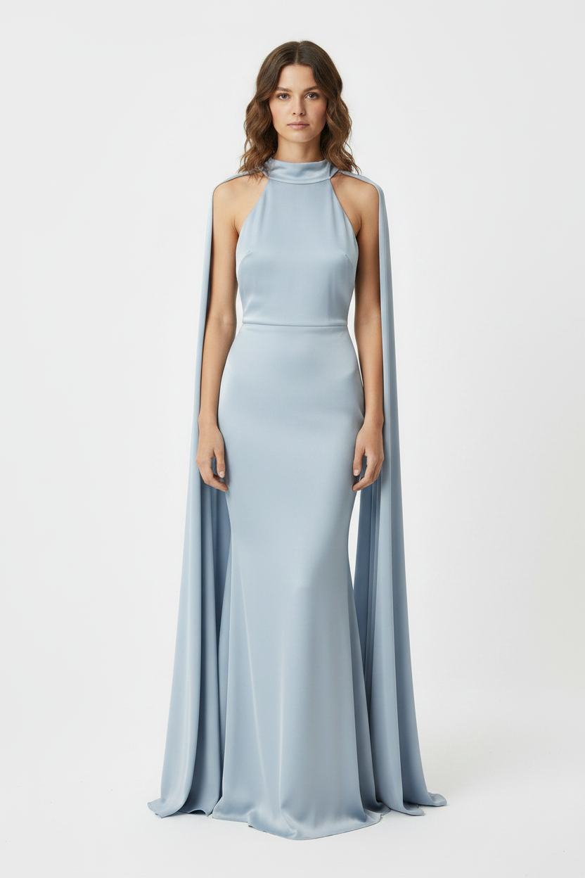 Baby Blue Halter Cape Elegant Bridesmaid Maxi Dress