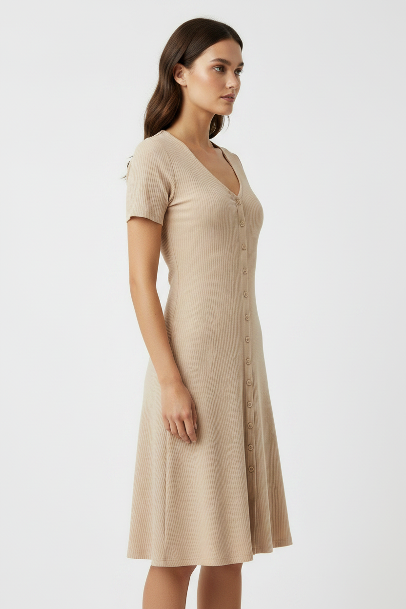 Beige Ribbed Button Front Casual Everyday Mini Dress