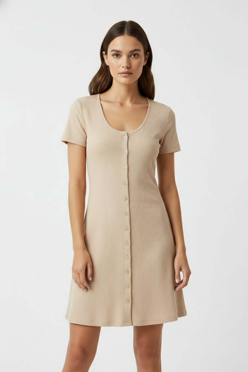 Beige Ribbed Button Front Casual Everyday Mini Dress