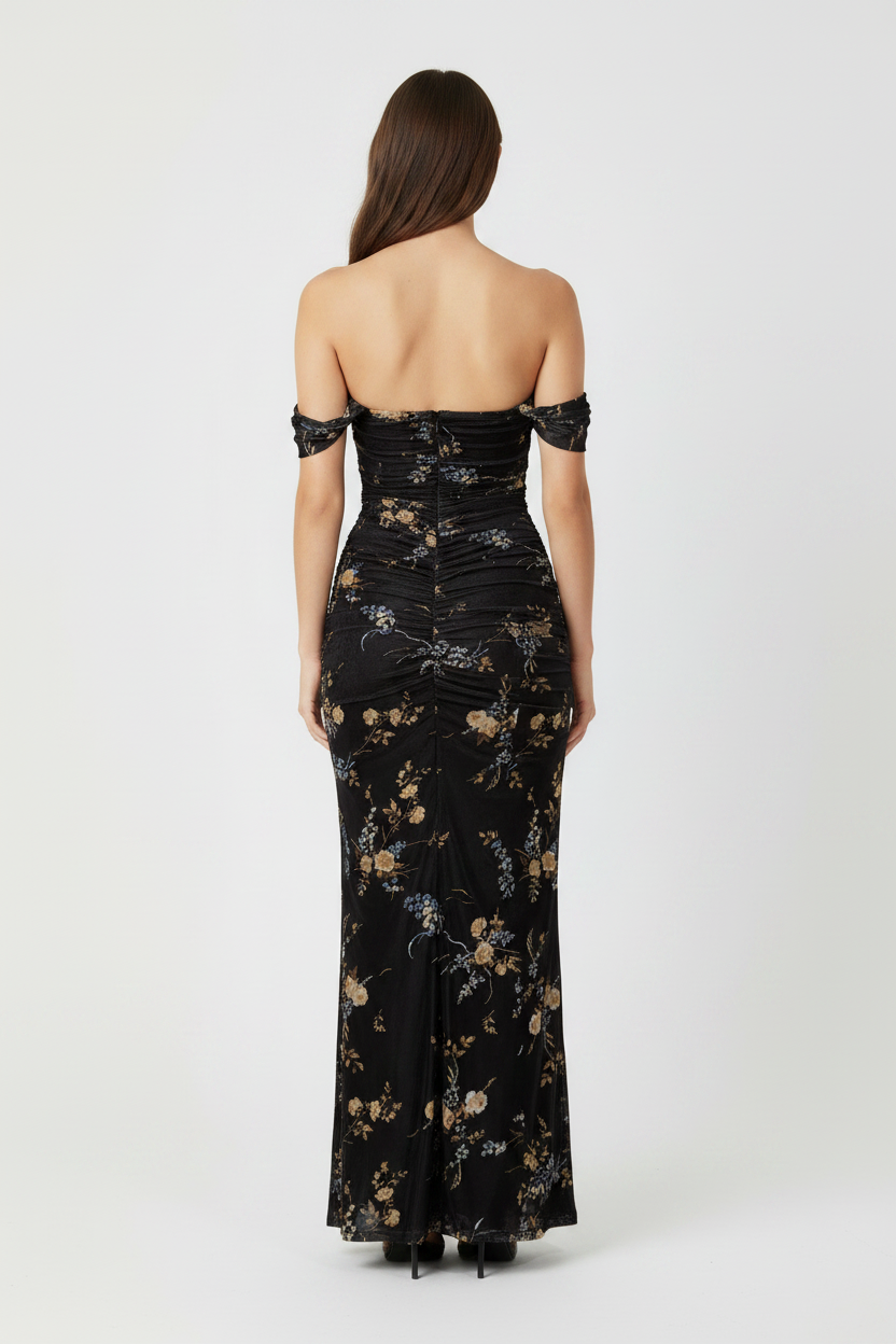 Blue Floral Ruched Off-Shoulder Elegant Maxi Dress