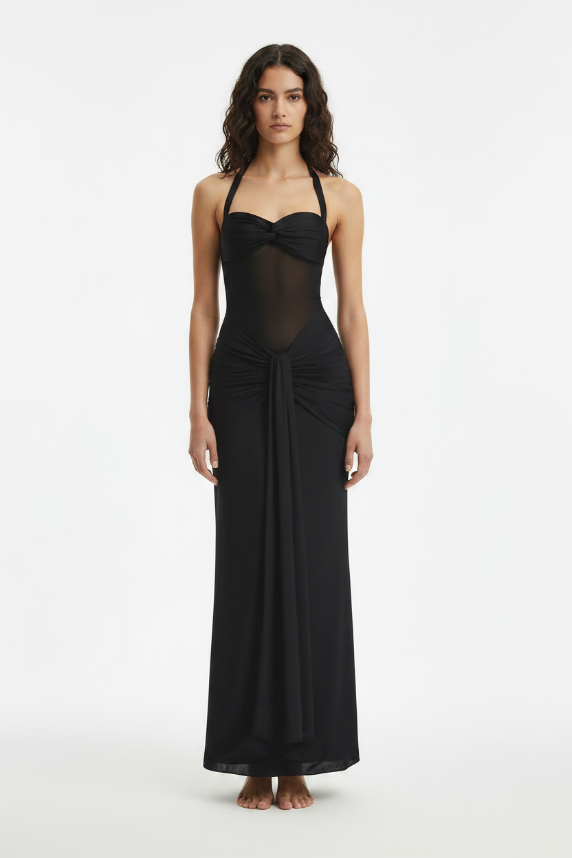 Light Teal Halter Mesh Ruched Elegant Party Maxi Dress