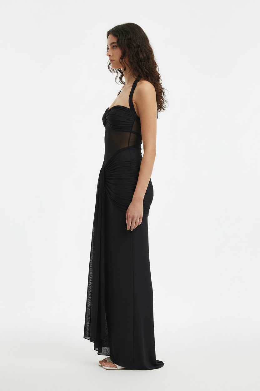 Light Teal Halter Mesh Ruched Elegant Party Maxi Dress