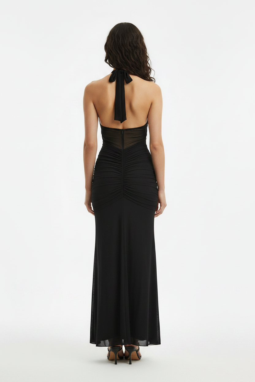 Light Teal Halter Mesh Ruched Elegant Party Maxi Dress