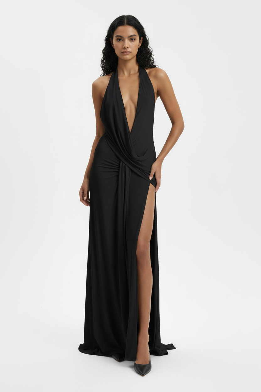 Black Halter Plunge Sexy Party Maxi Dress