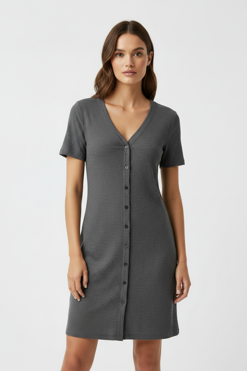 Beige Ribbed Button Front Casual Everyday Mini Dress