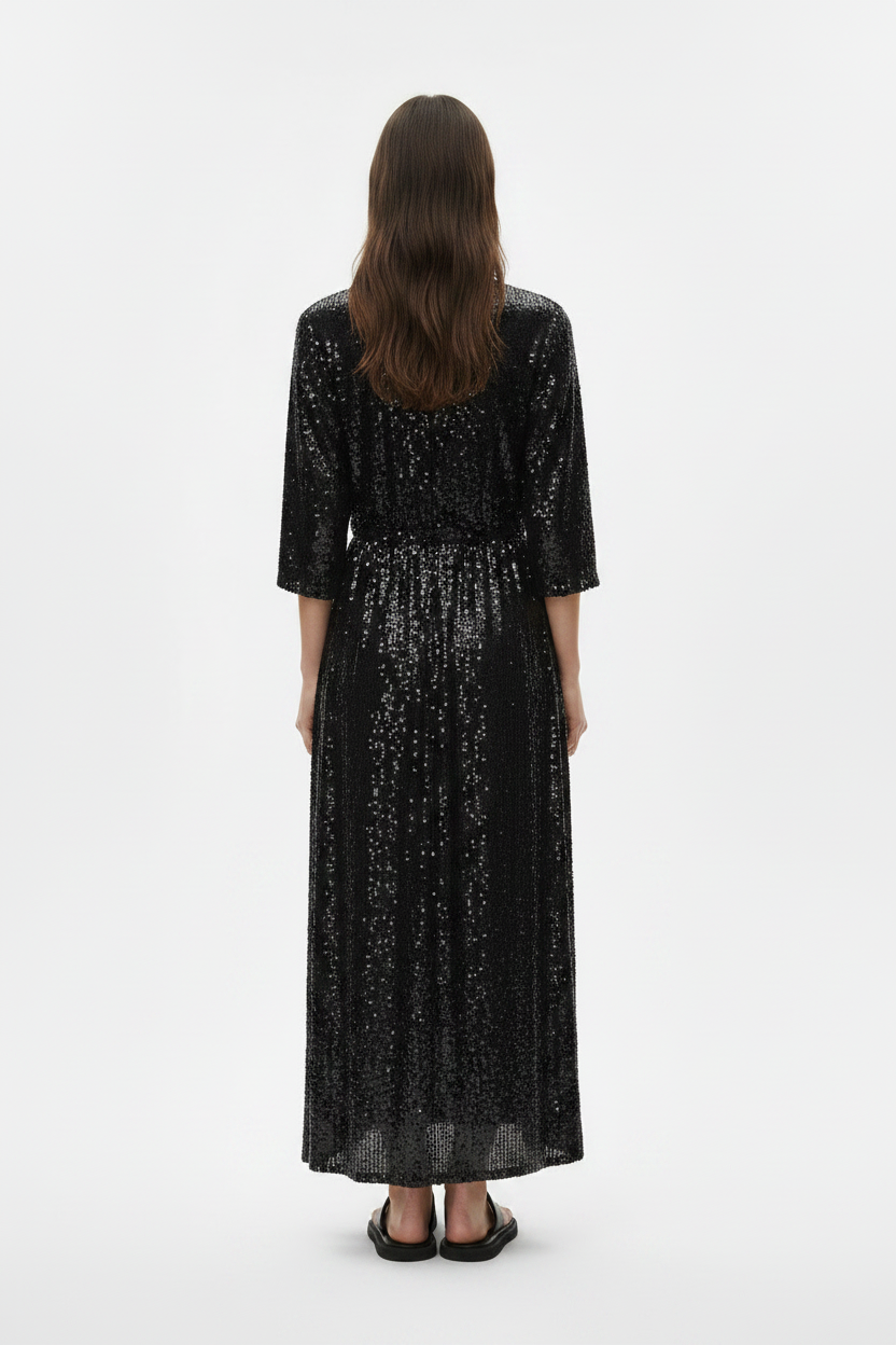 Blue Sequin Deep-V Long-Sleeve Prom Maxi Gown