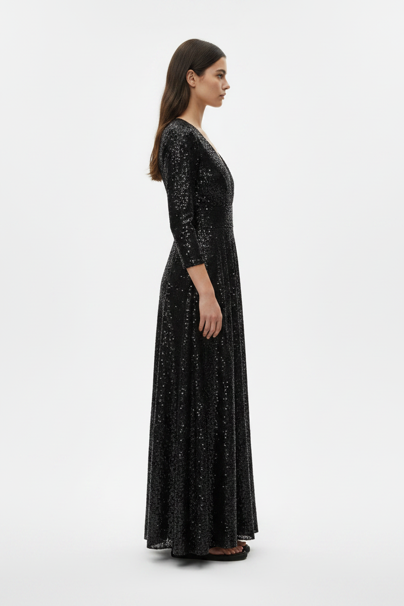 Blue Sequin Deep-V Long-Sleeve Prom Maxi Gown