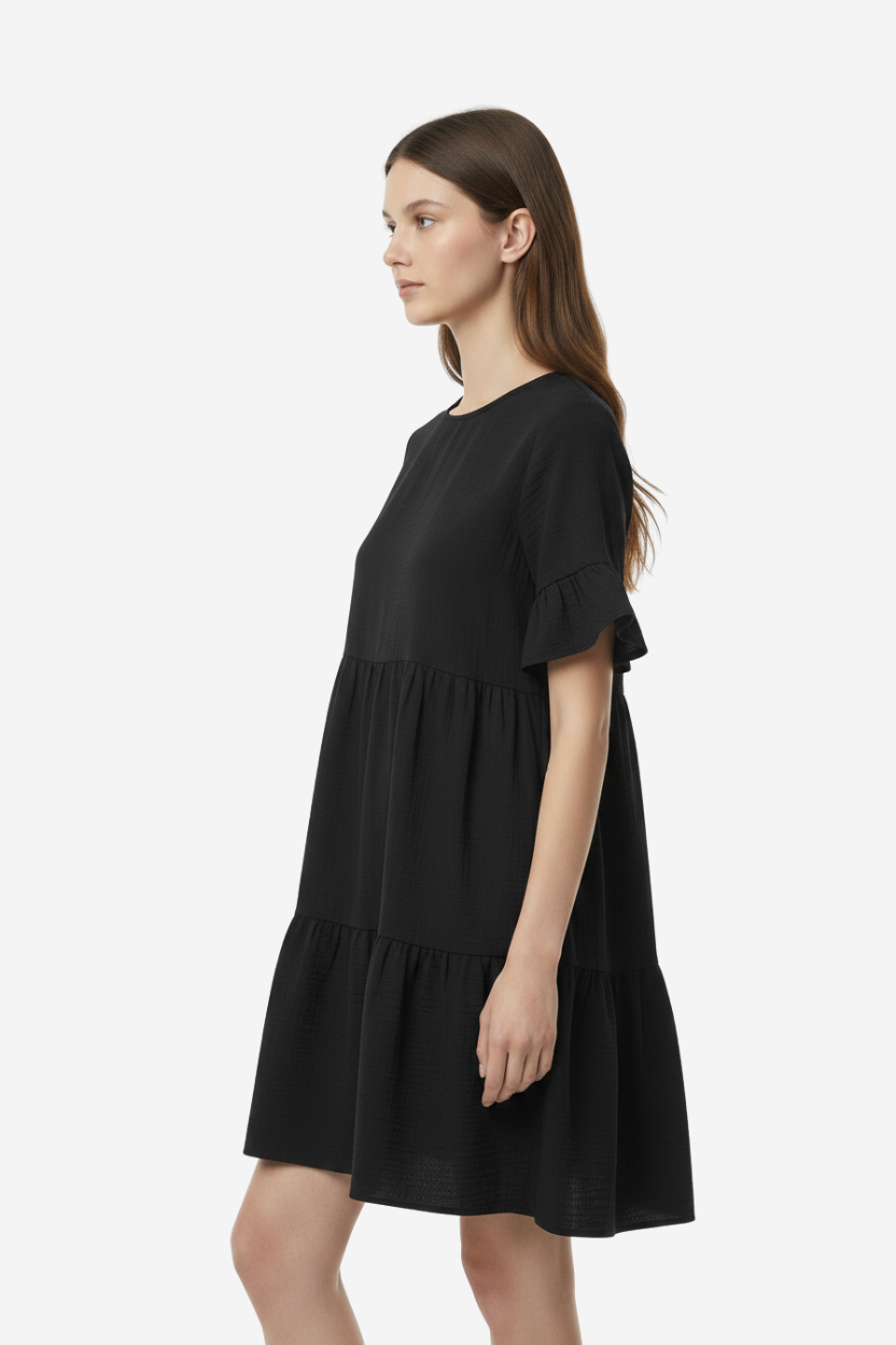 Black Tiered Short Sleeve Casual Mini Dress
