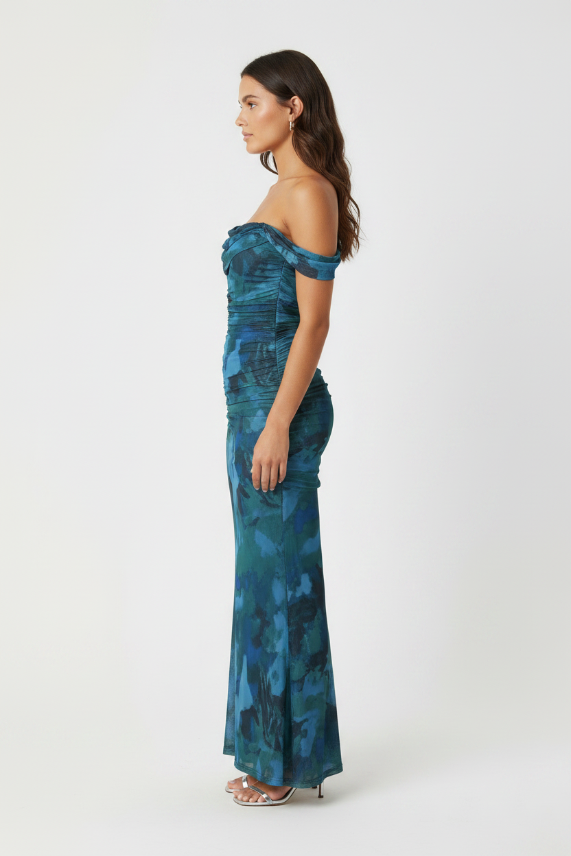 Blue Floral Ruched Off-Shoulder Elegant Maxi Dress