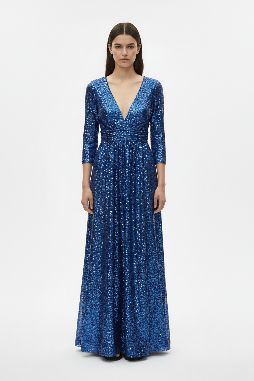 Blue Sequin Deep-V Long-Sleeve Prom Maxi Gown