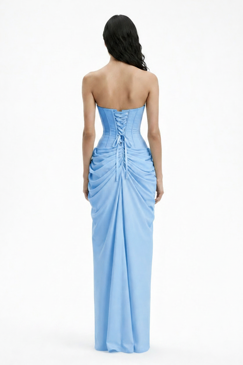Blue Strapless Draped Elegant Bridesmaid Maxi Dress