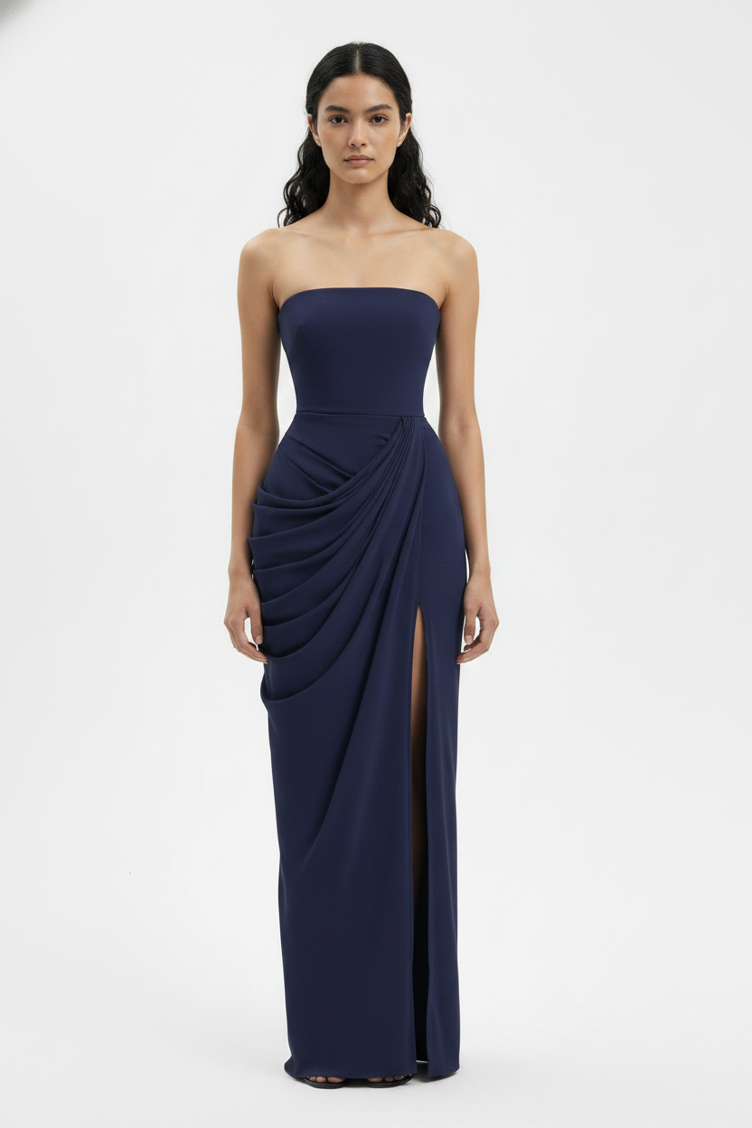 Blue Strapless Draped Elegant Bridesmaid Maxi Dress