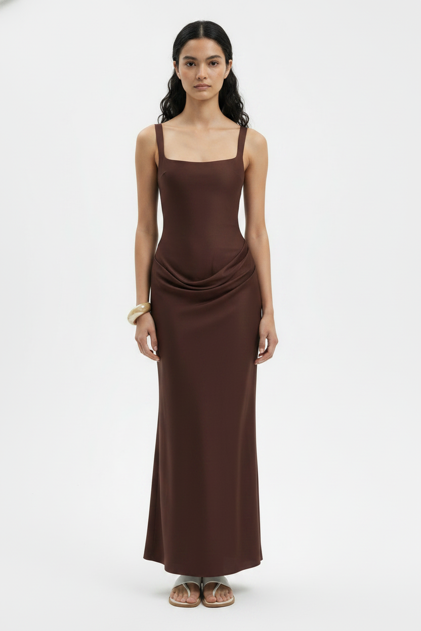 Brown Bow Slip Elegant Cocktail Maxi Dress