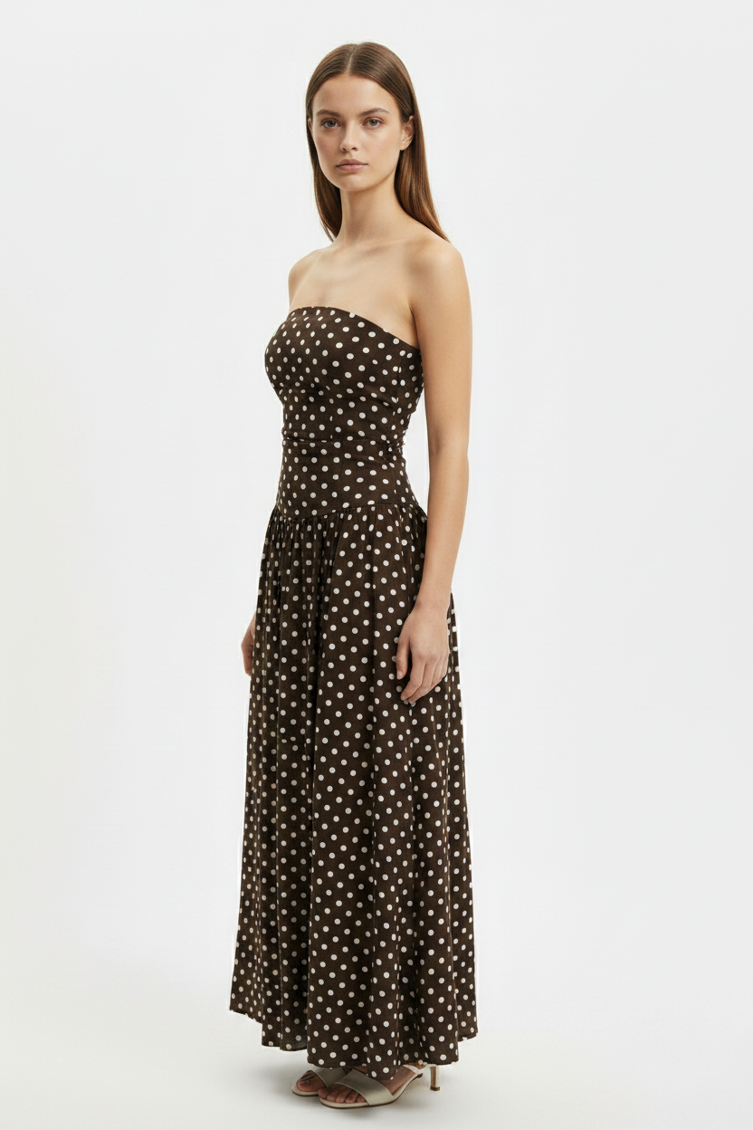 Brown Polka Dot Strapless Summer Maxi Dress