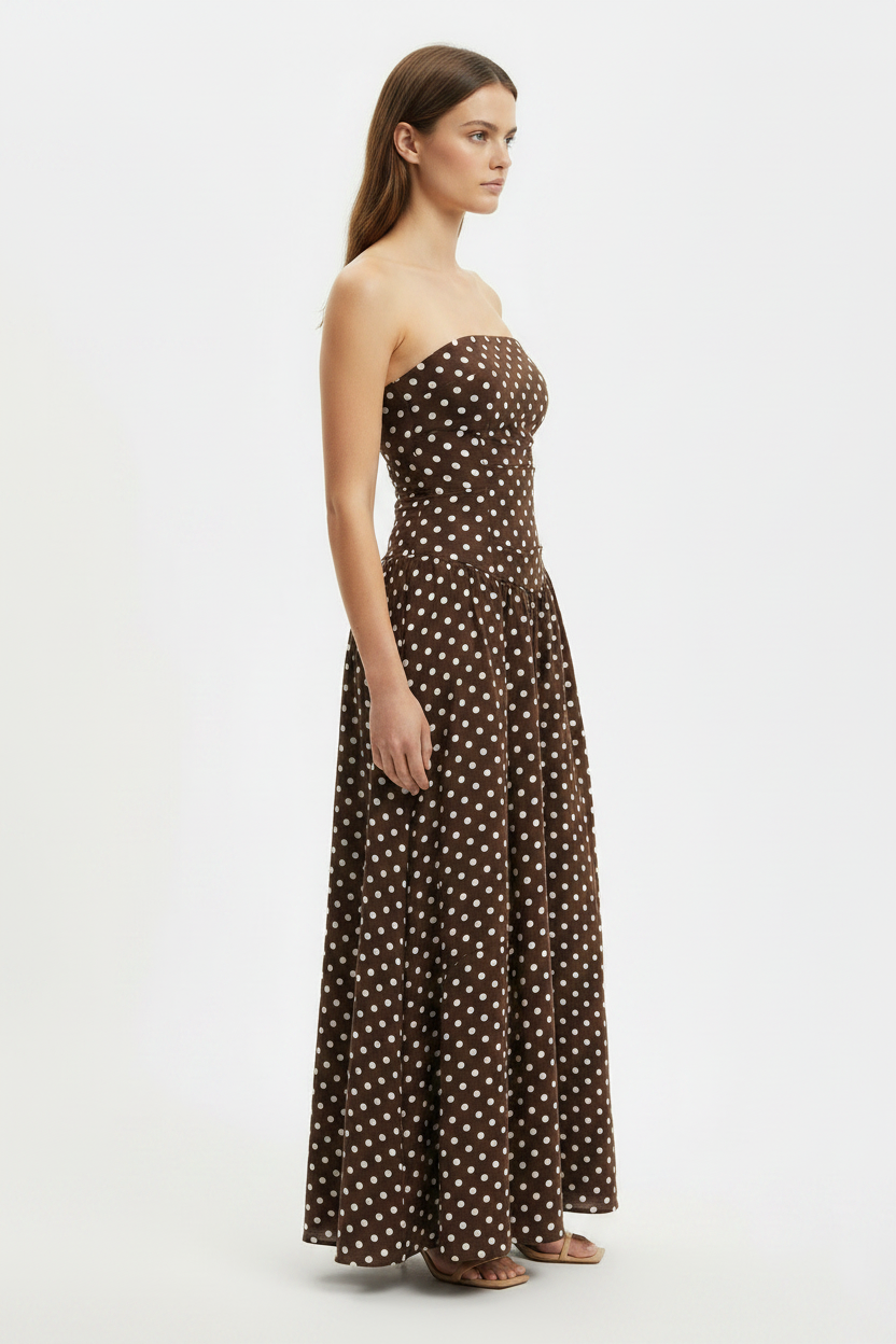 Brown Polka Dot Strapless Summer Maxi Dress