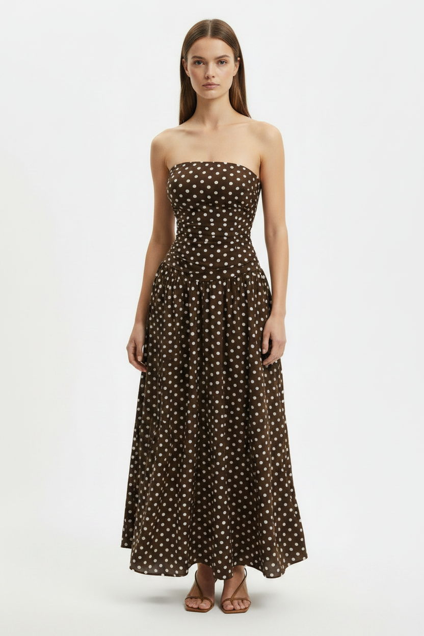 Brown Polka Dot Strapless Summer Maxi Dress