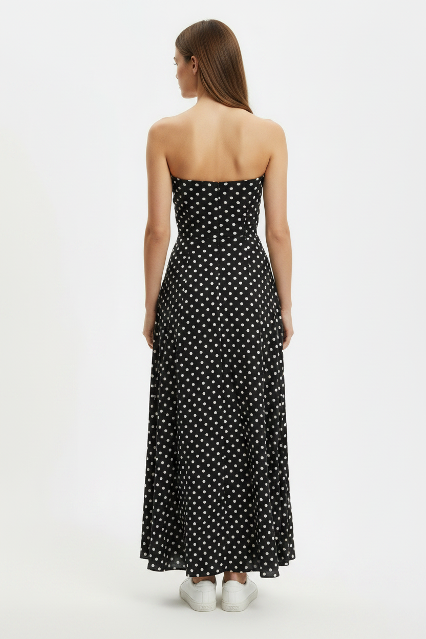 Brown Polka Dot Strapless Summer Maxi Dress