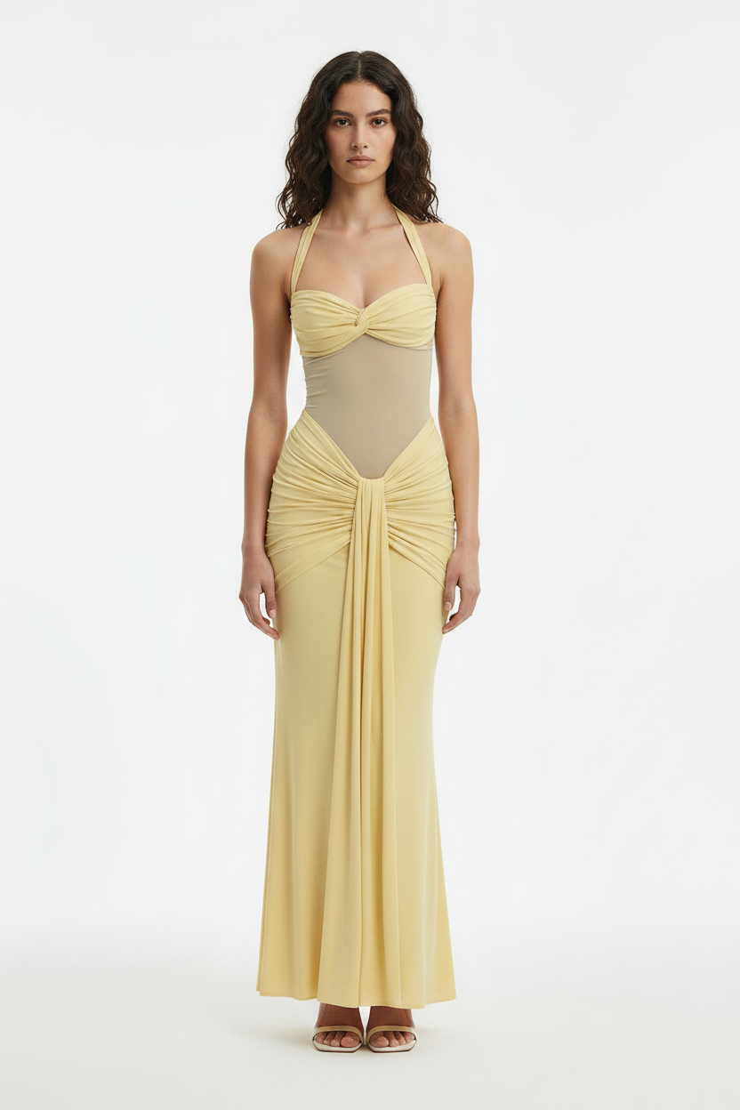 Light Teal Halter Mesh Ruched Elegant Party Maxi Dress