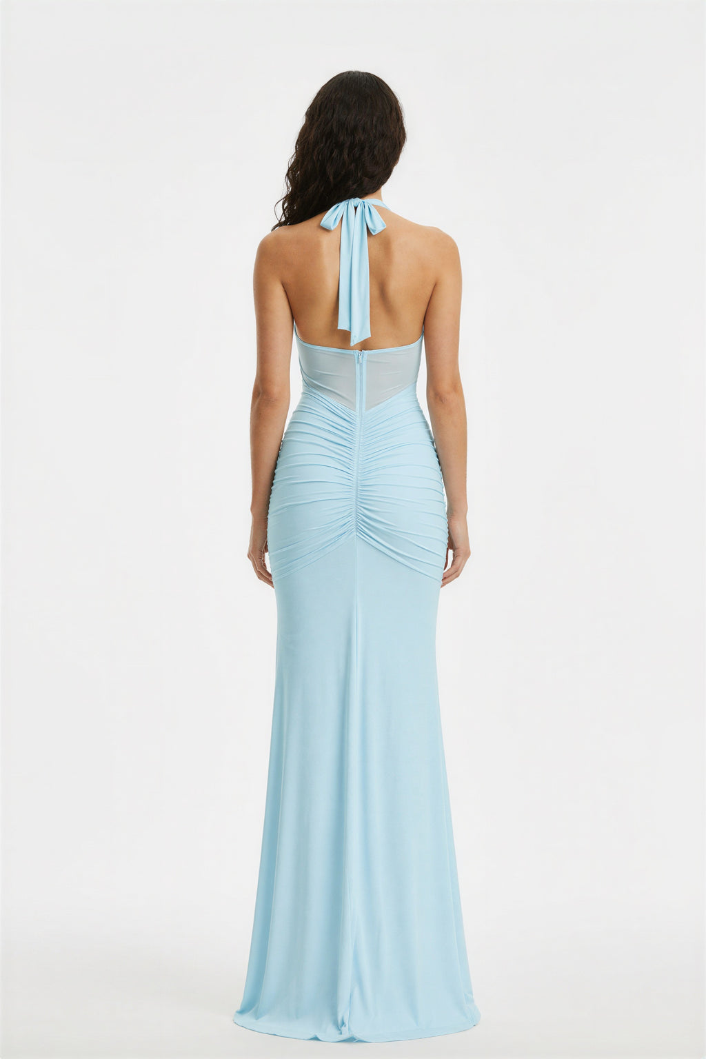 Light Teal Halter Mesh Ruched Elegant Party Maxi Dress