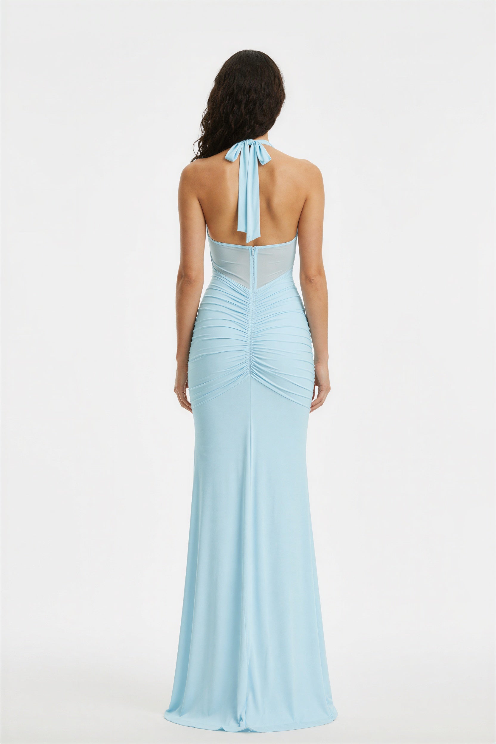 Light Teal Halter Mesh Ruched Elegant Party Maxi Dress