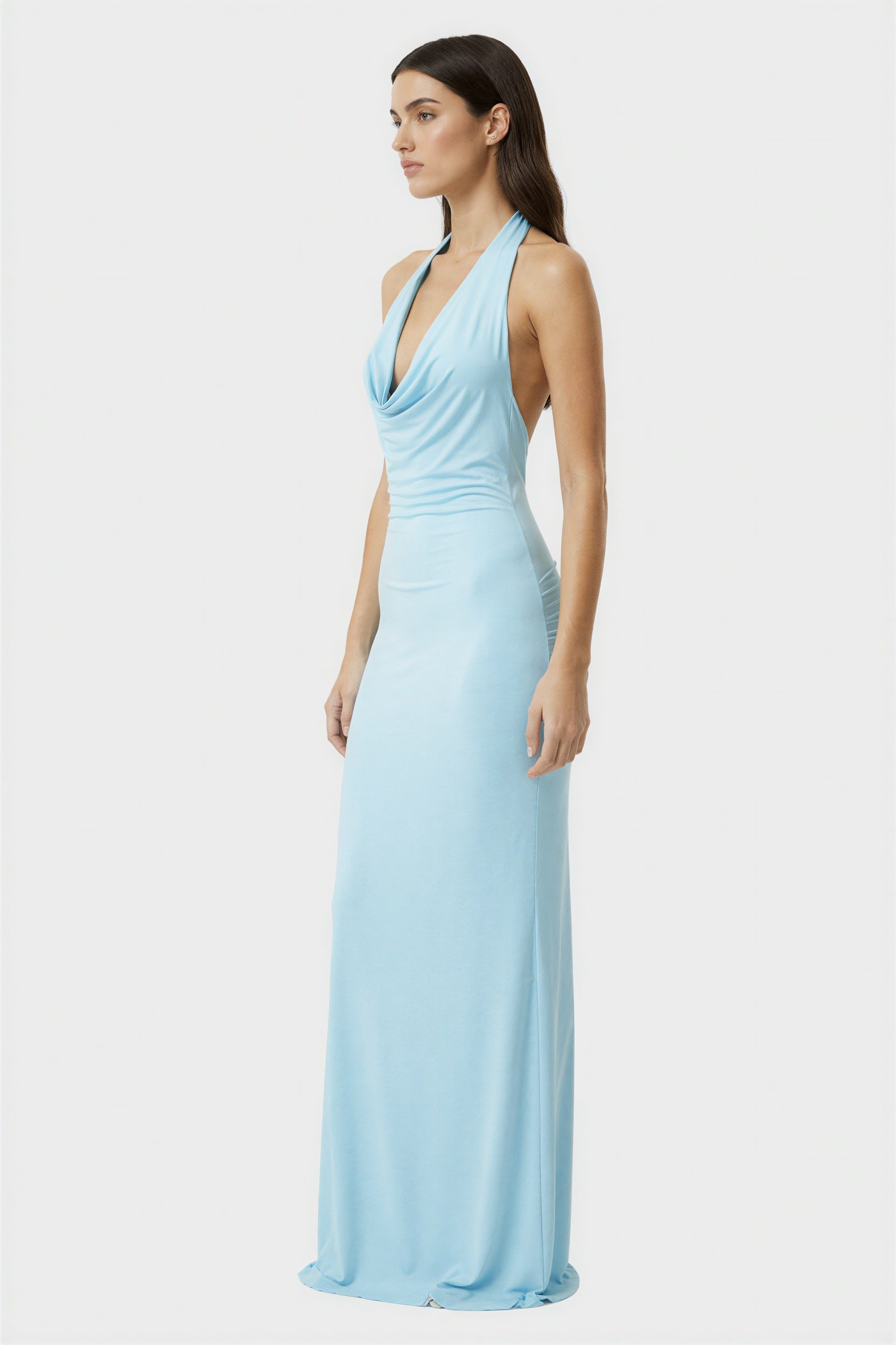 Baby Blue Halter Cowl Neck Elegant Prom Maxi Dress