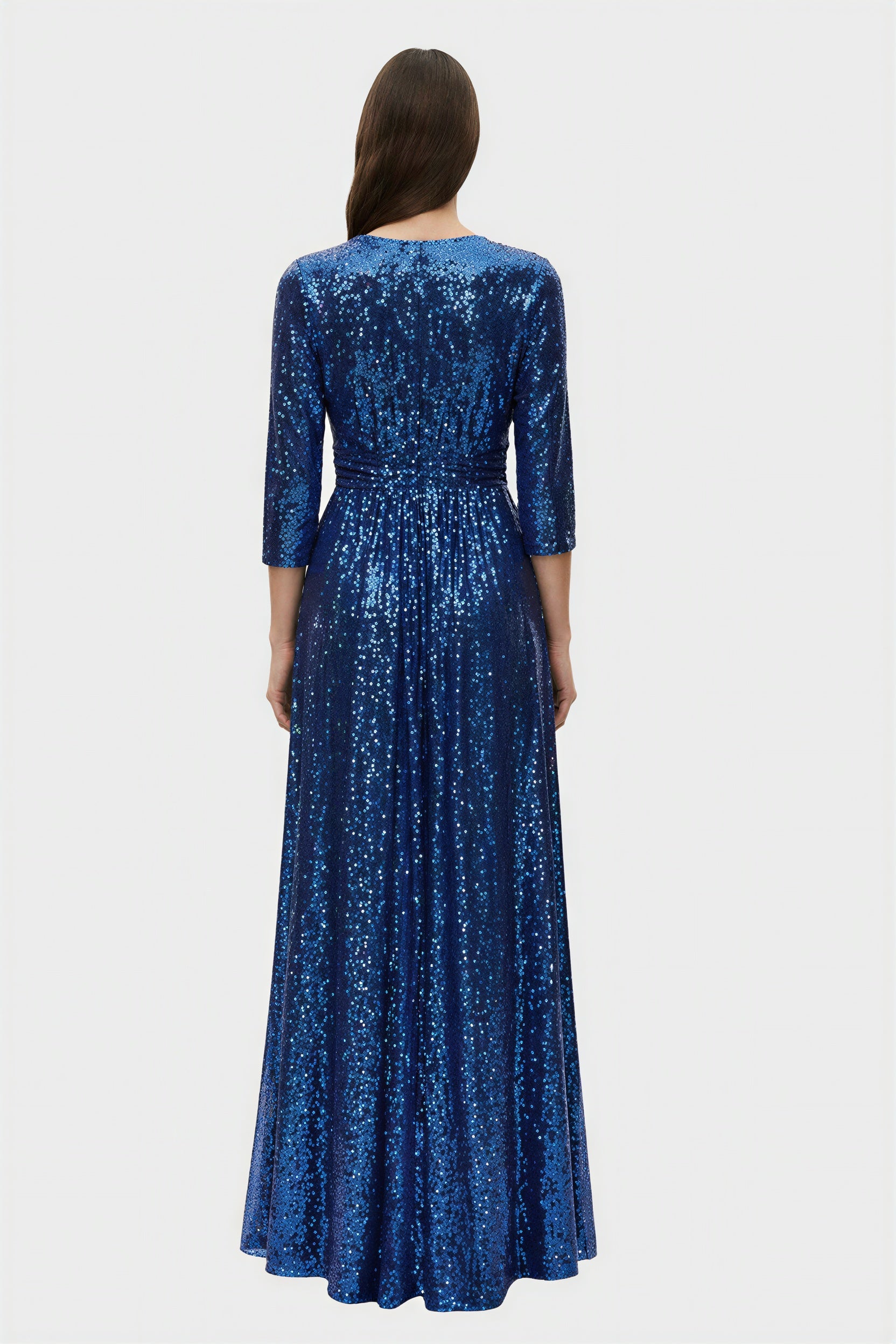 Blue Sequin Deep-V Long-Sleeve Prom Maxi Gown