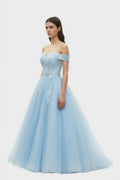Blue Tulle Off-Shoulder Elegant Prom Ballgown Dress