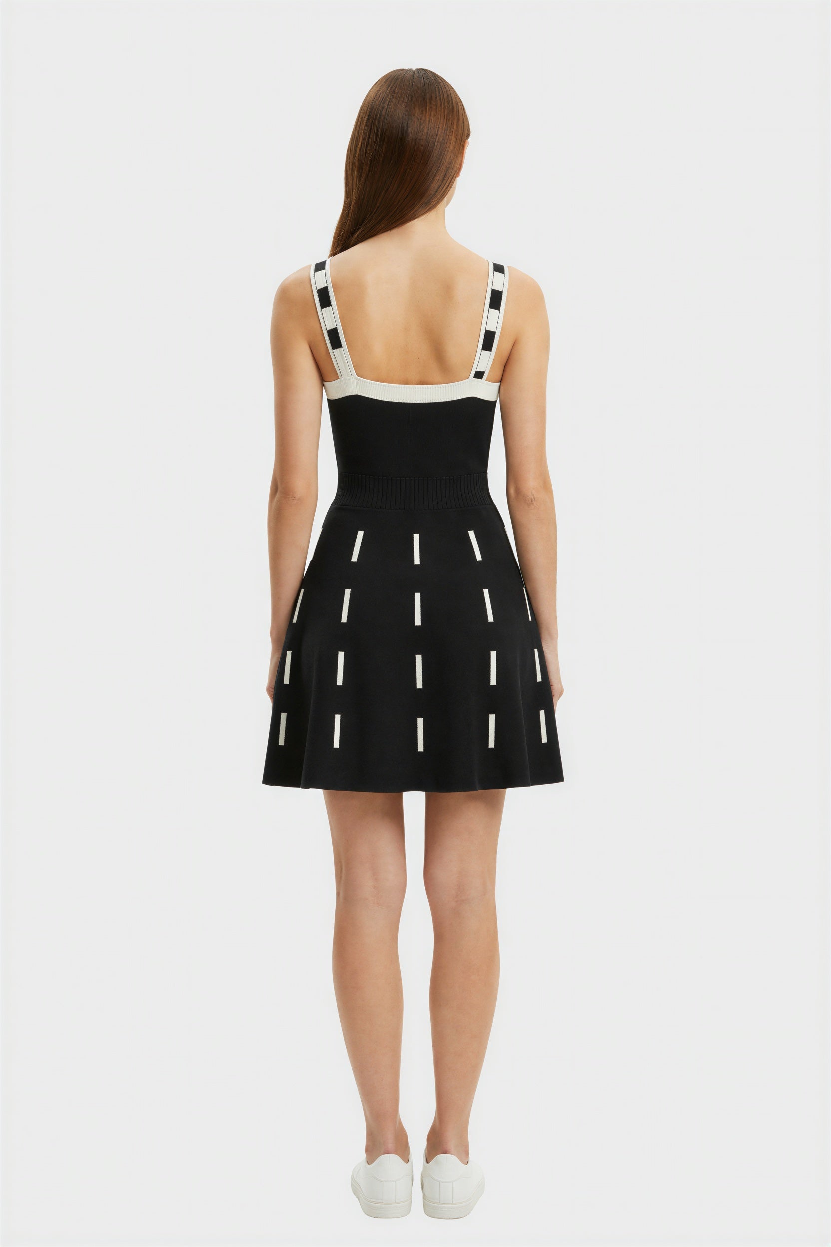 Black White Contrast Knit Skater Chic Mini Dress