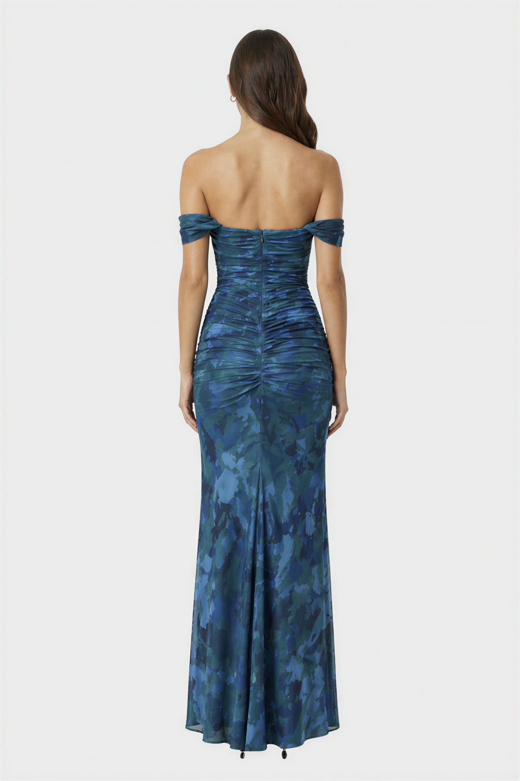 Blue Floral Ruched Off-Shoulder Elegant Maxi Dress
