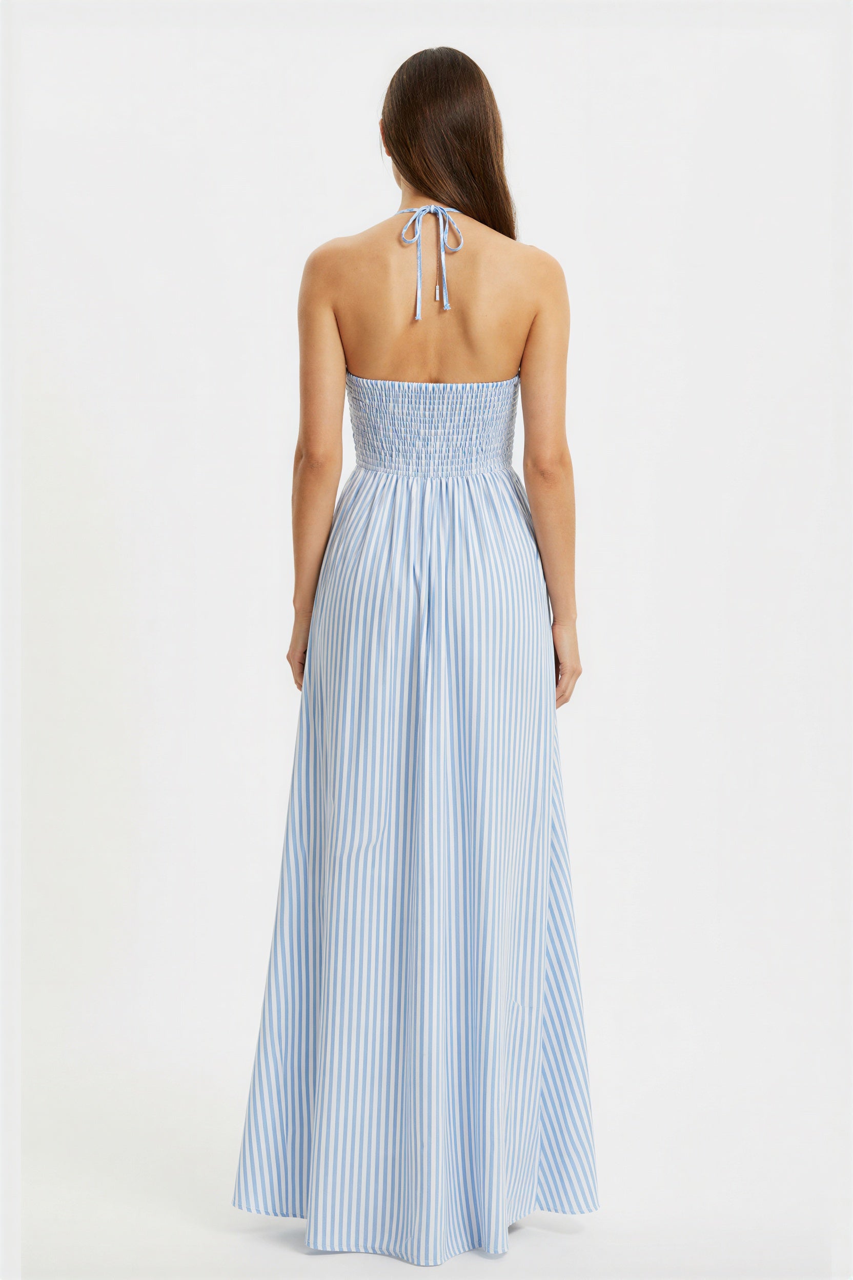 Blue Striped Plunge Halter Summer Maxi Dress