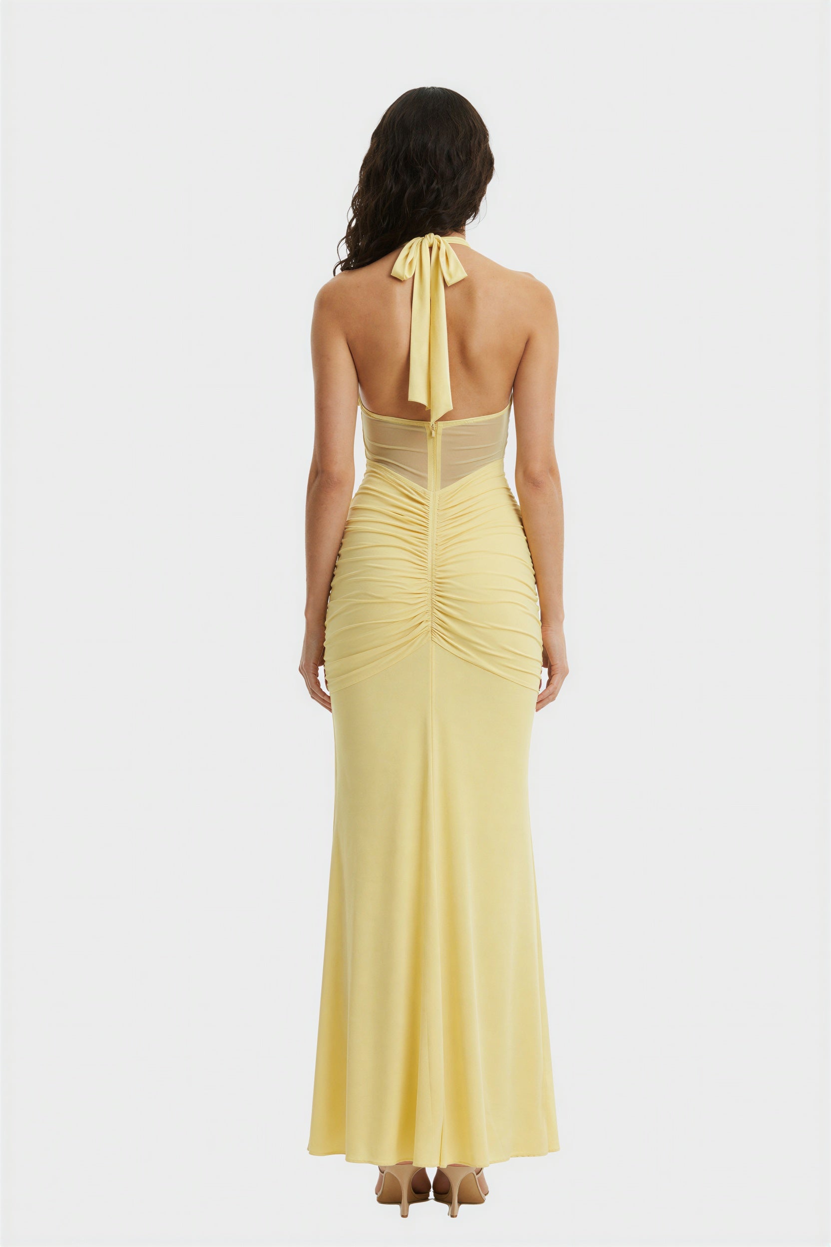 Light Teal Halter Mesh Ruched Elegant Party Maxi Dress