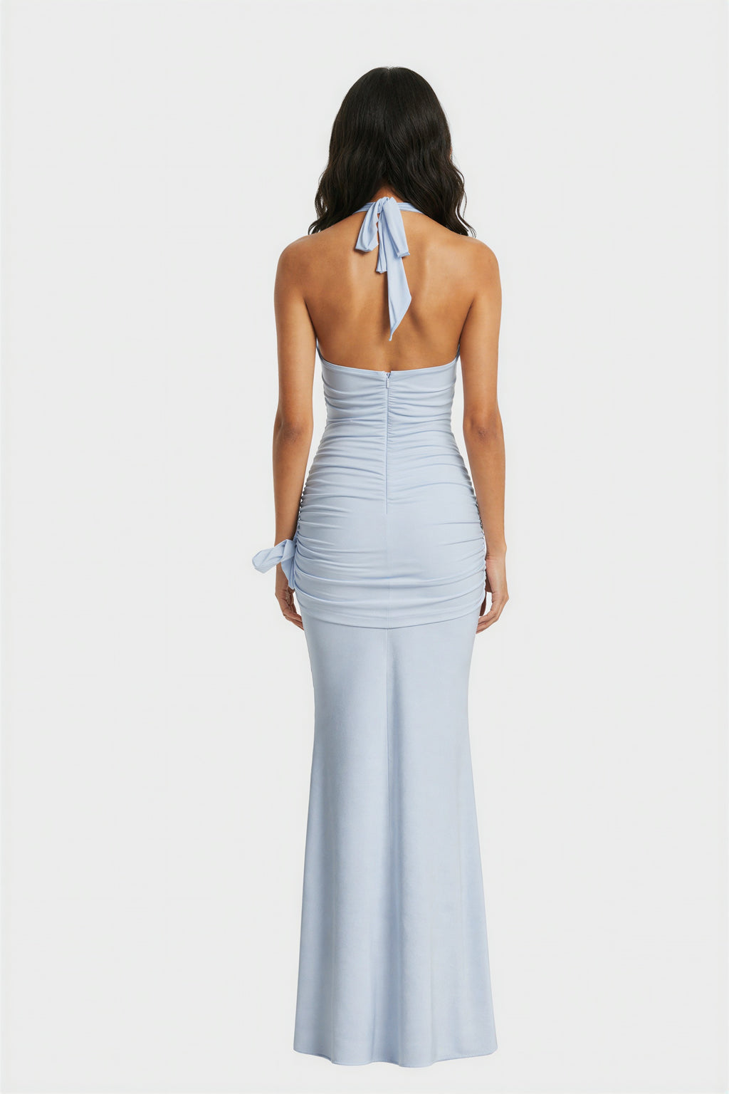 Light Blue Halter Knot Drape Bridesmaid Maxi Dress