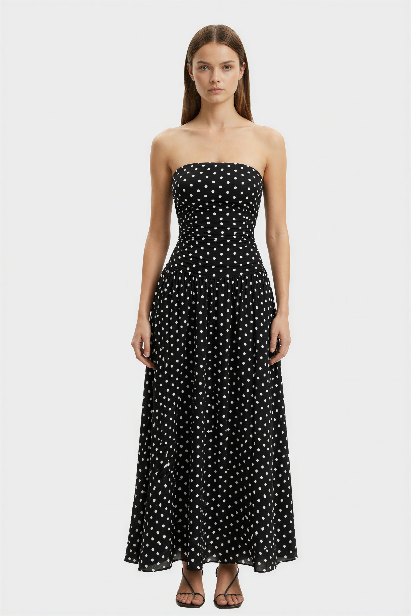 Brown Polka Dot Strapless Summer Maxi Dress