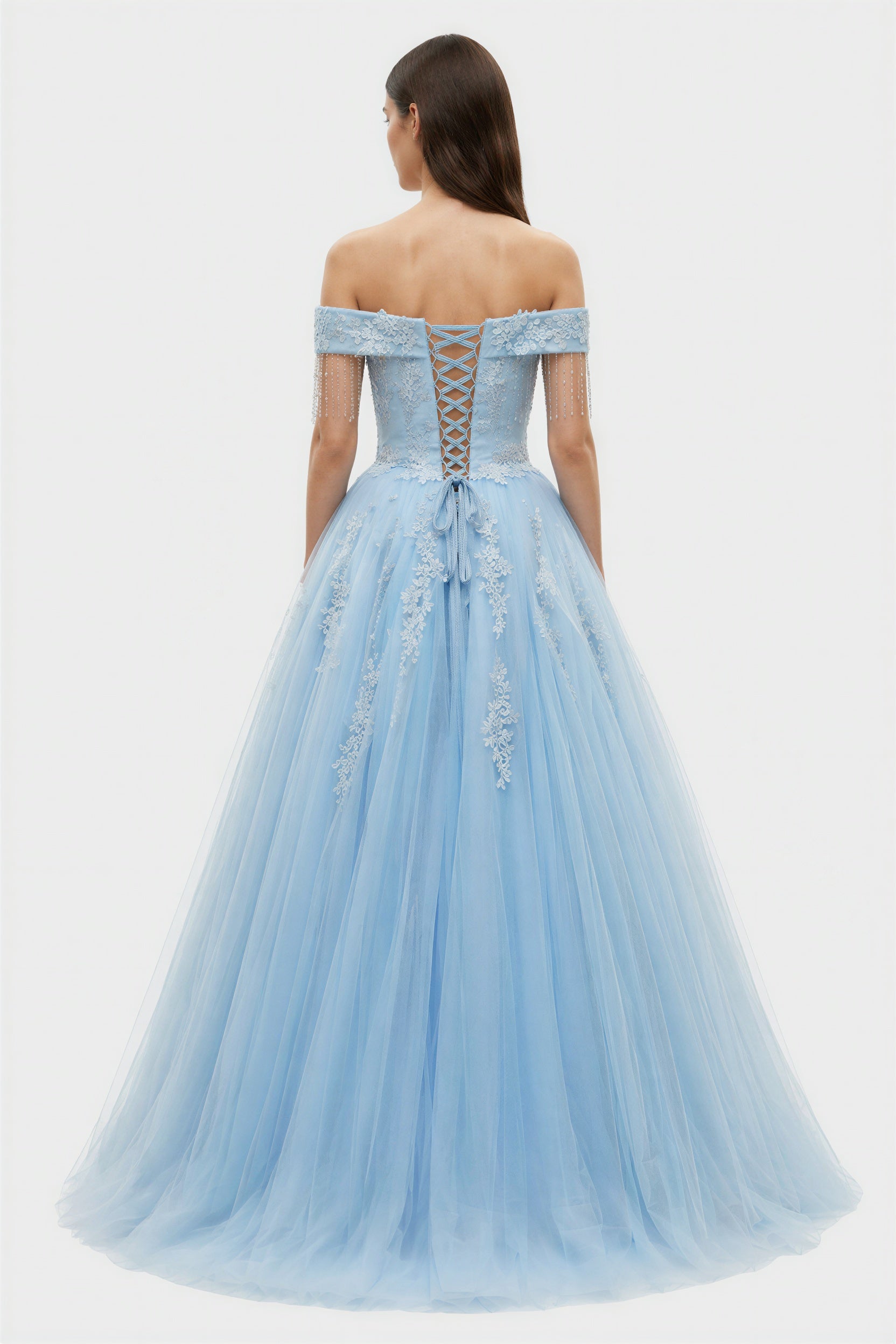 Blue Tulle Off-Shoulder Elegant Prom Ballgown Dress