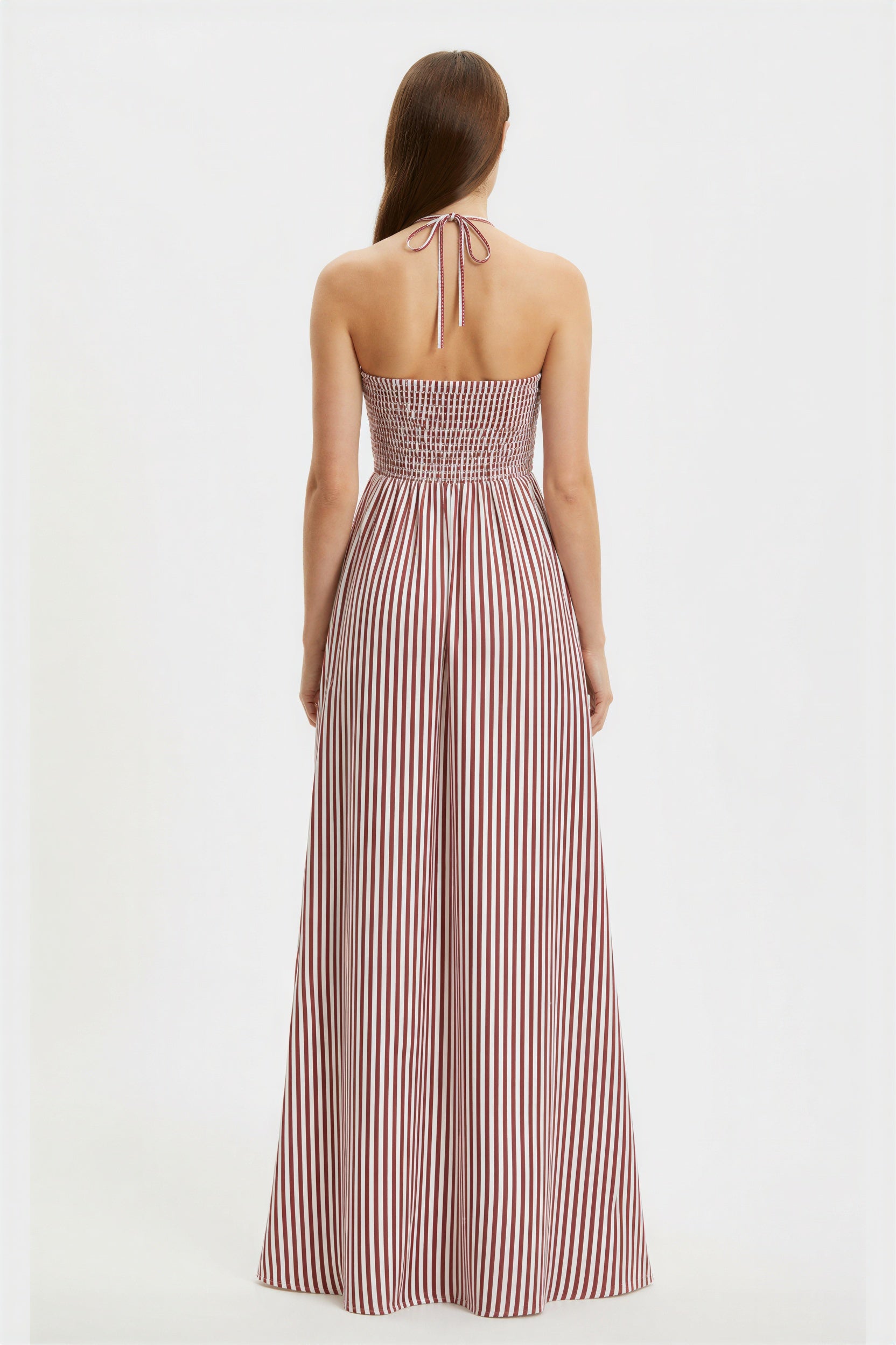 Burgundy Striped Plunge Halter Summer Maxi Dress