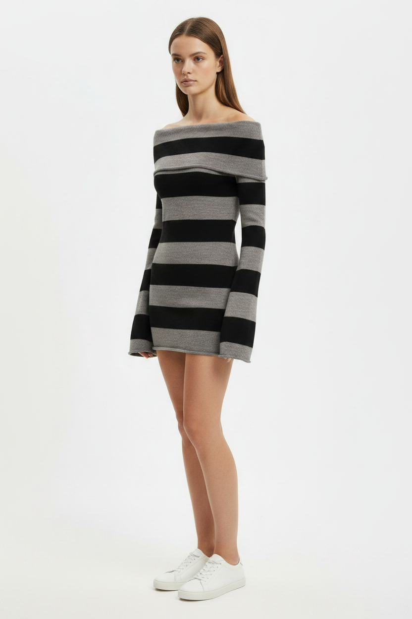 Grey Black Striped Off-Shoulder Knit Mini Dress