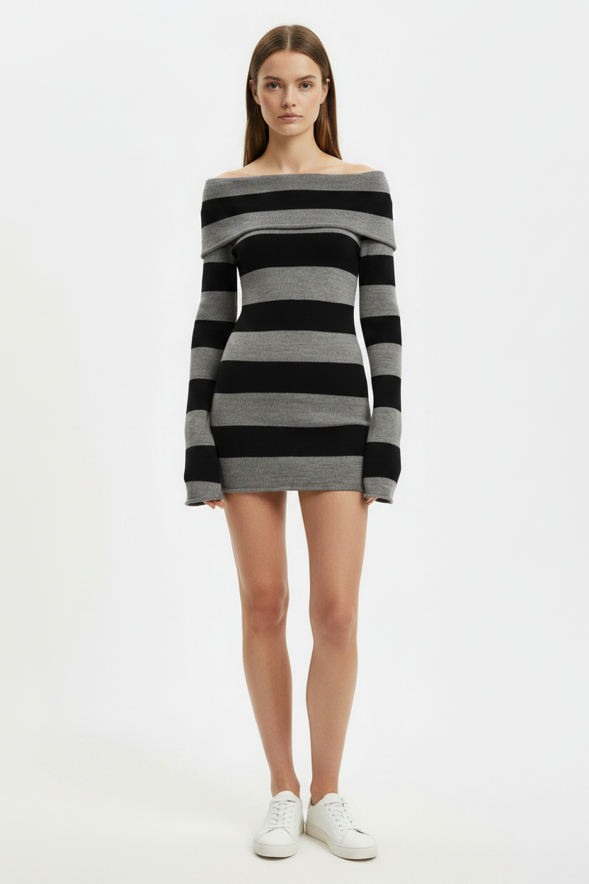 Grey Black Striped Off-Shoulder Knit Mini Dress