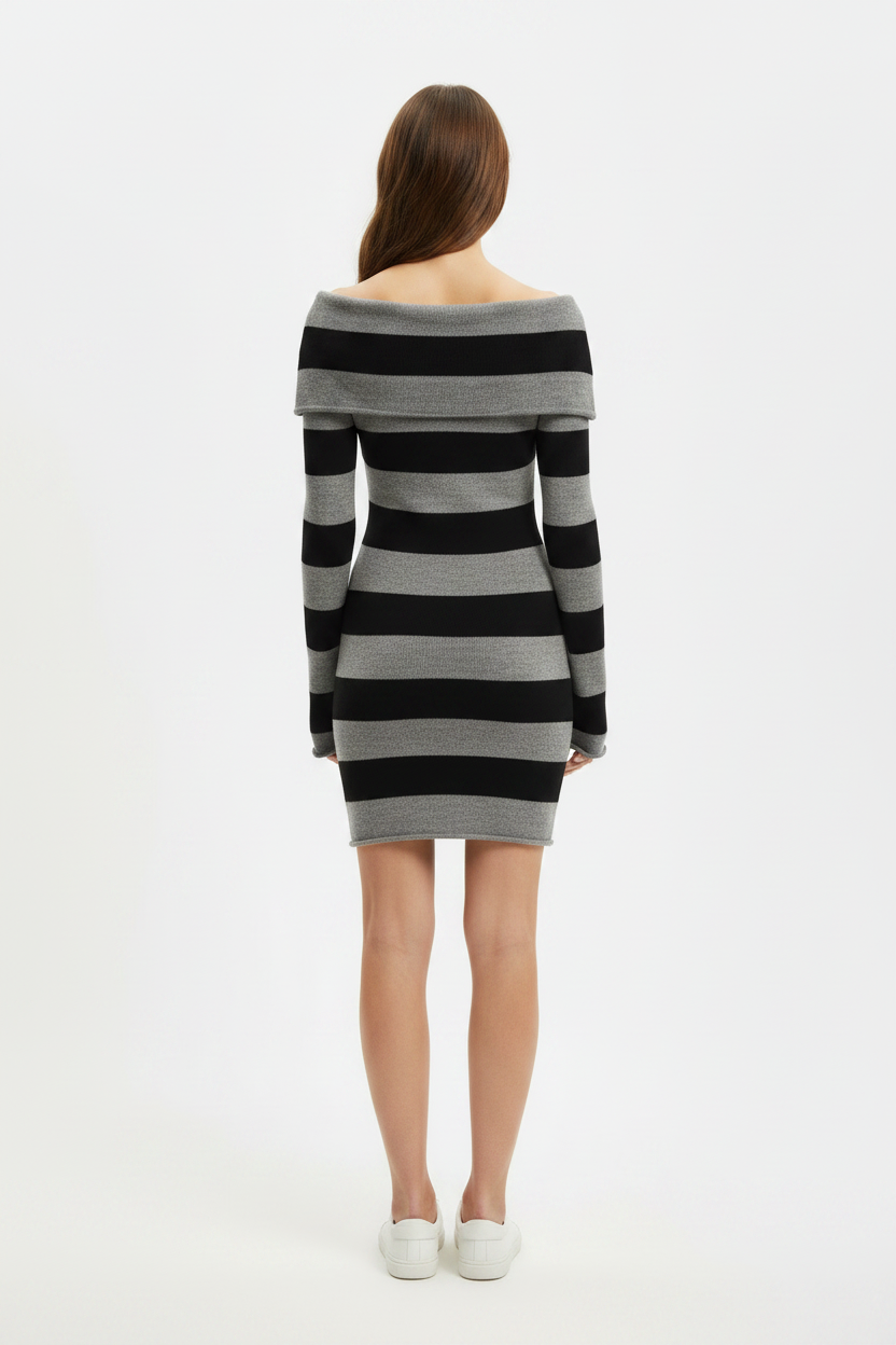 Grey Black Striped Off-Shoulder Knit Mini Dress