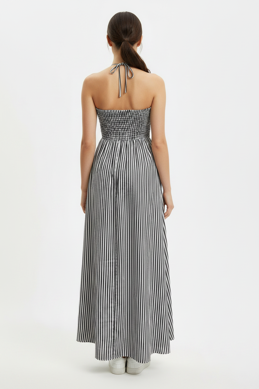 Blue Striped Plunge Halter Summer Maxi Dress