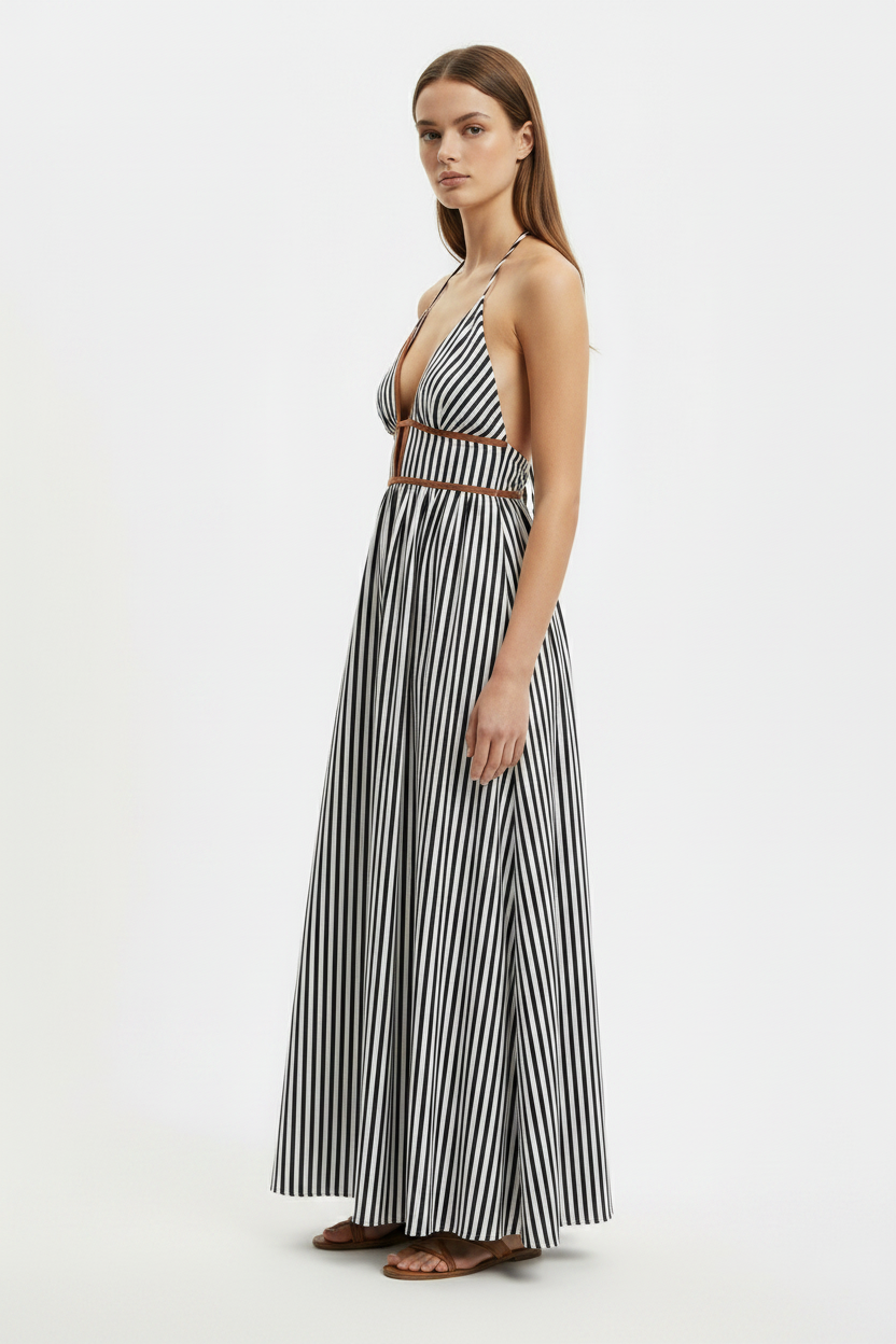 Blue Striped Plunge Halter Summer Maxi Dress