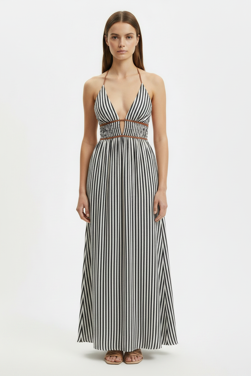 Blue Striped Plunge Halter Summer Maxi Dress