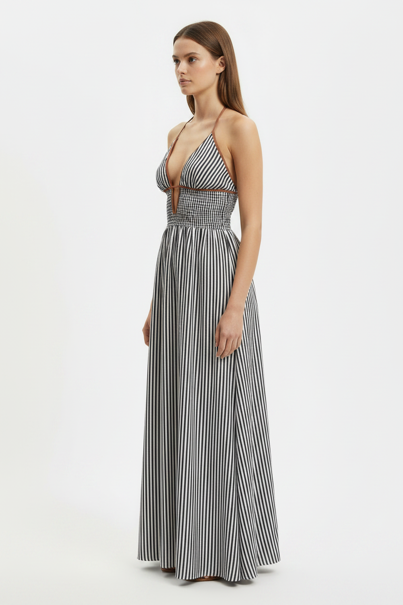 Grey Striped Strapless Smocked Summer Maxi Dress