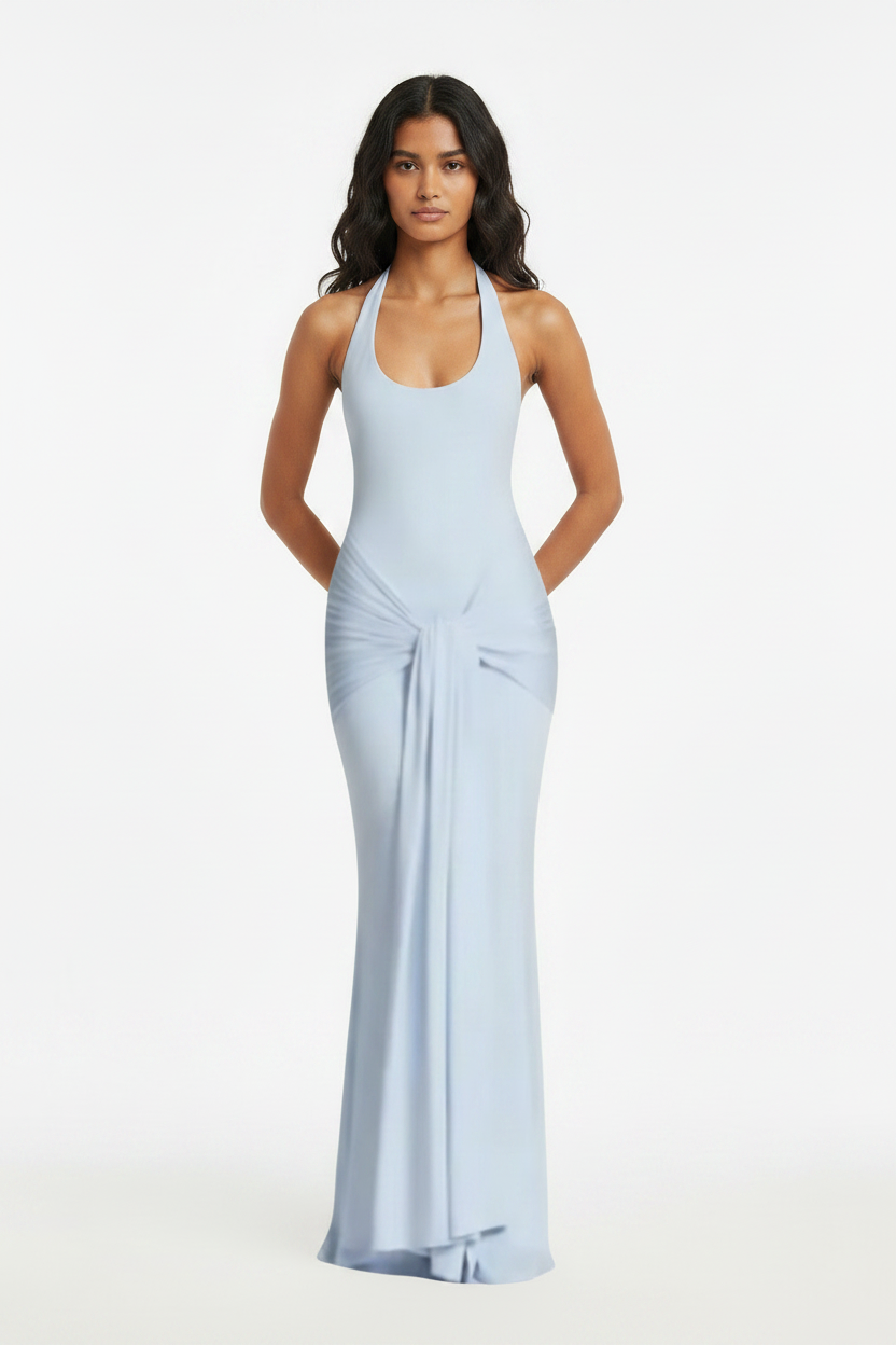 Light Blue Halter Knot Drape Bridesmaid Maxi Dress