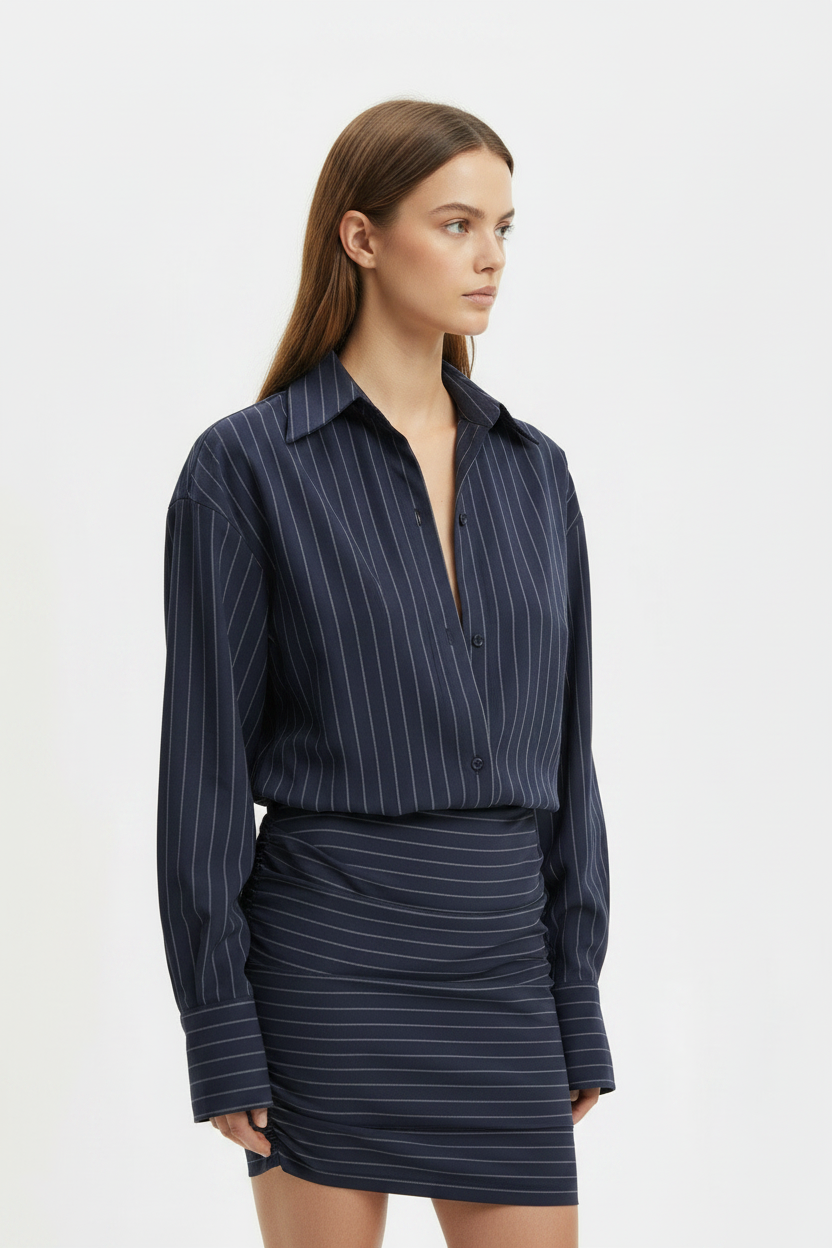 Navy Pinstripe Shirt Long-Sleeve Mini Dress