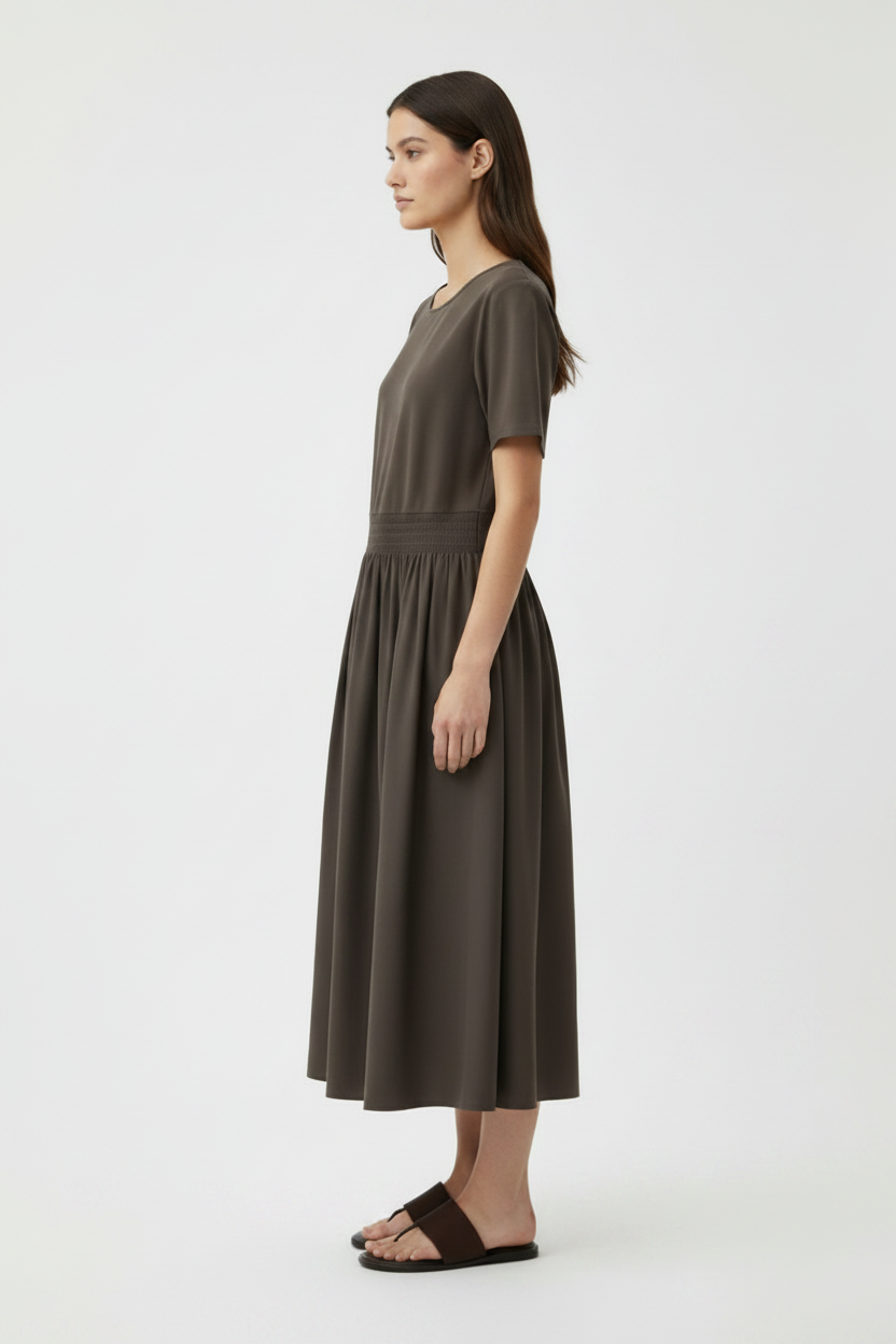 Olive Green Short Sleeve Casual T-Shirt Midi Dress