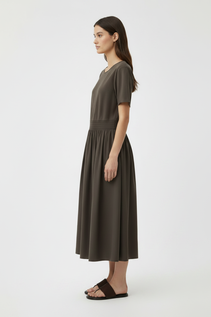 Olive Green Short Sleeve Casual T-Shirt Midi Dress