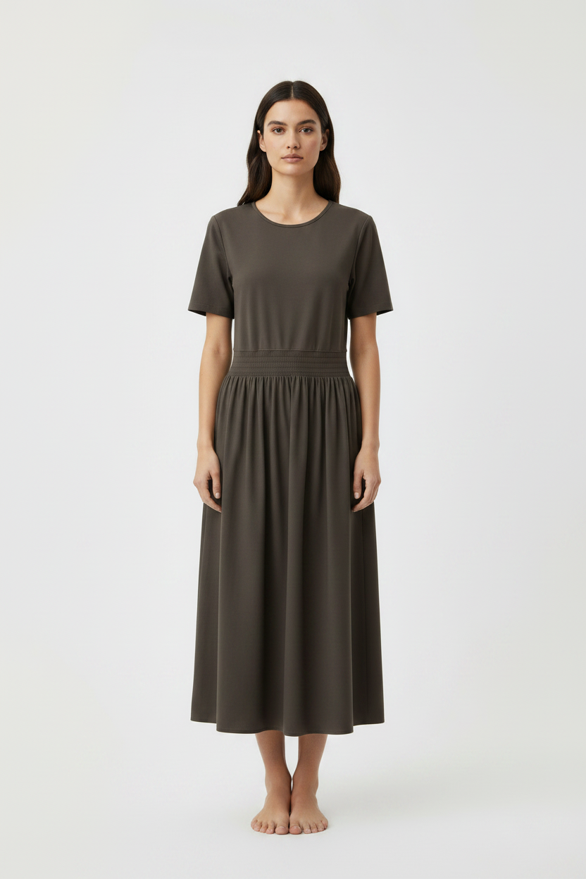 Olive Green Short Sleeve Casual T-Shirt Midi Dress