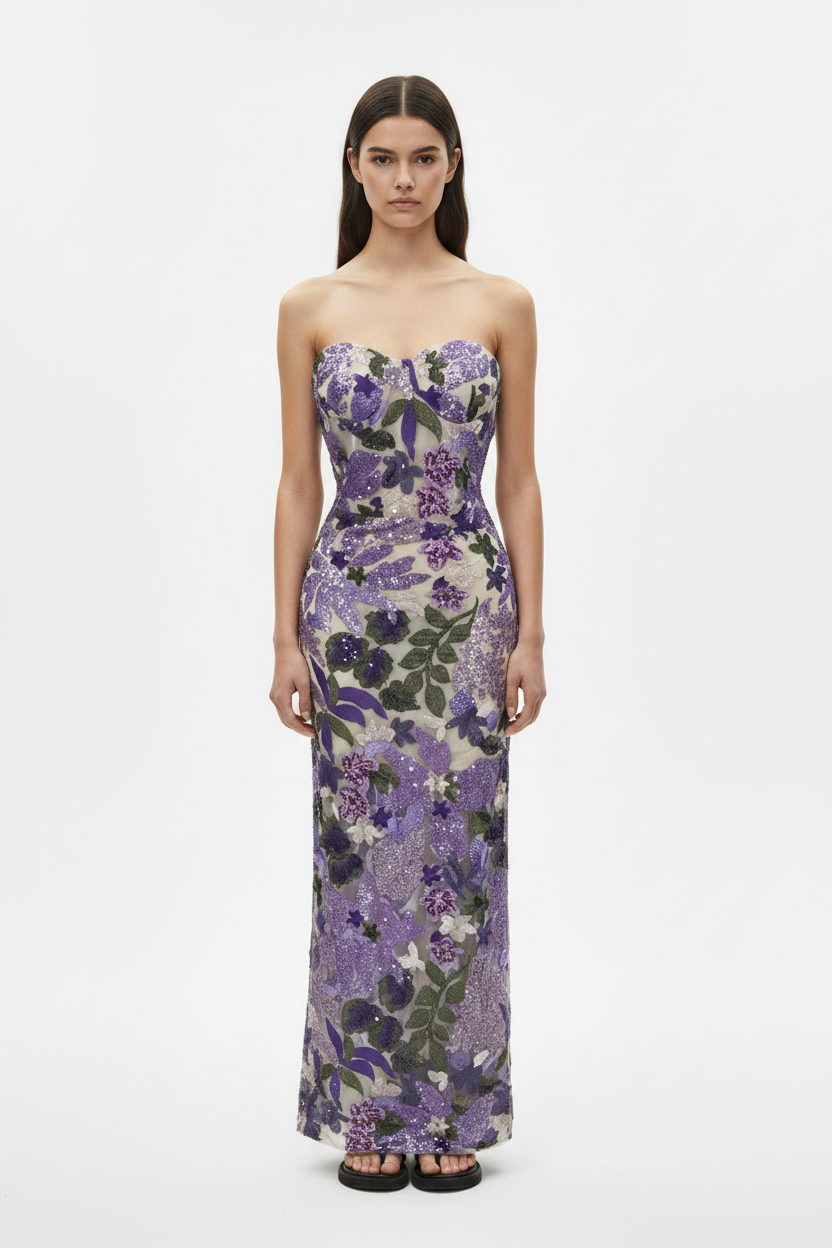 Purple Floral Embroidered Strapless Elegant Maxi Dress