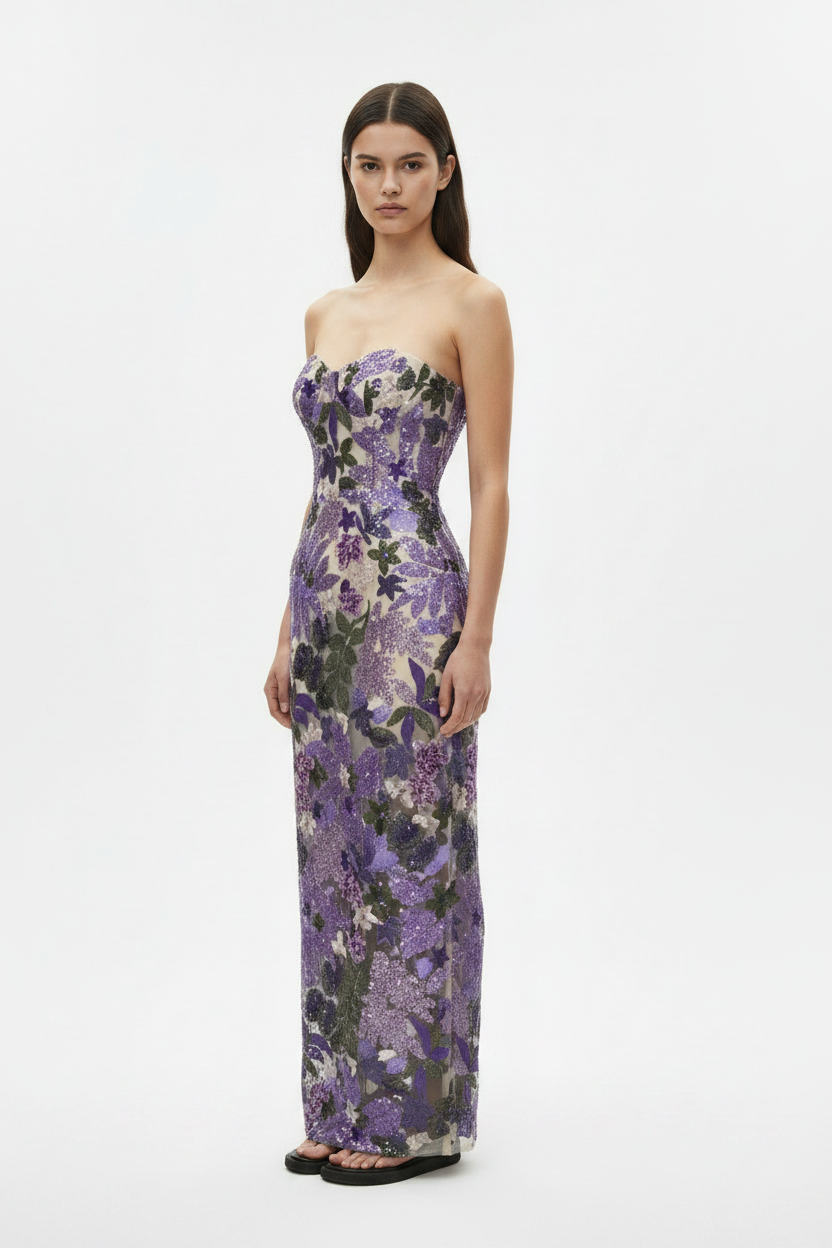 Purple Floral Embroidered Strapless Elegant Maxi Dress