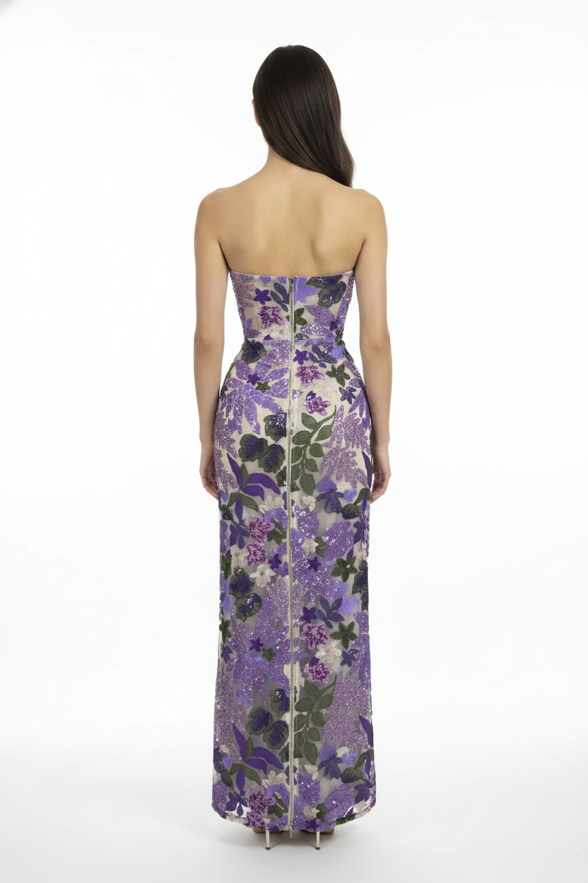 Purple Floral Embroidered Strapless Elegant Maxi Dress